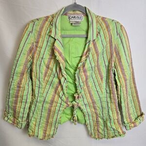 Vtg Carlisle Striped Silk Blend Tie-Front Fringe Blazer, Multicolor, Whimsy, 10